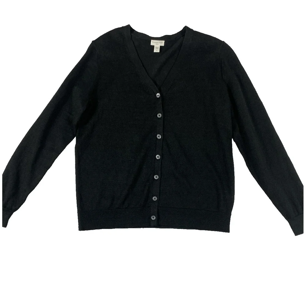 Garnet Hill 100% Linen Knit Cardigan Sweater Women Sz S Black Coastal Minimalist - Picture 1 of 13